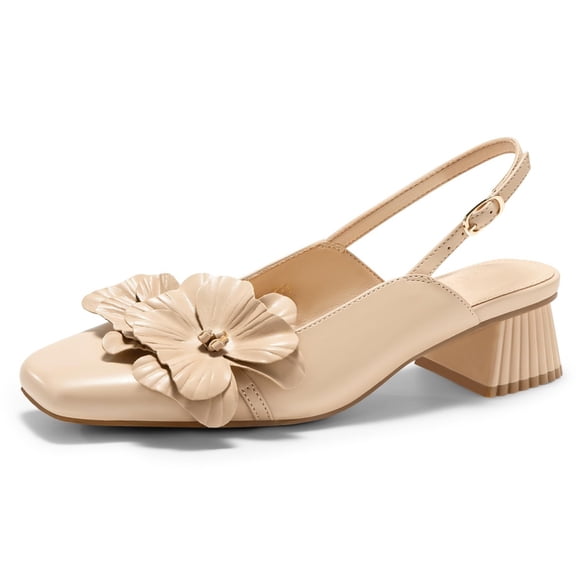 Womens Slingback Chunky Heels Flower Closed Square Toe Pumps Work Dress Shoes