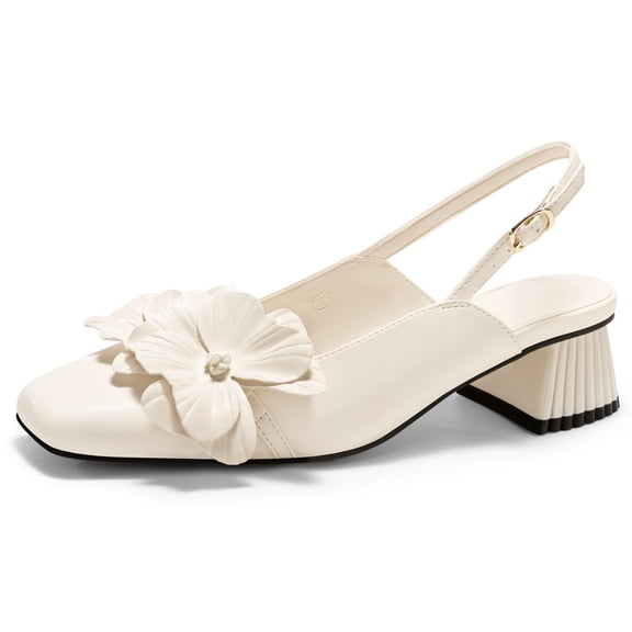 Womens Slingback Chunky Heels Flower Closed Square Toe Pumps Work Dress Shoes