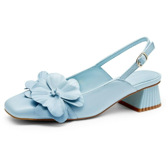 Womens Slingback Chunky Heels Flower Closed Square Toe Pumps Work Dress Shoes