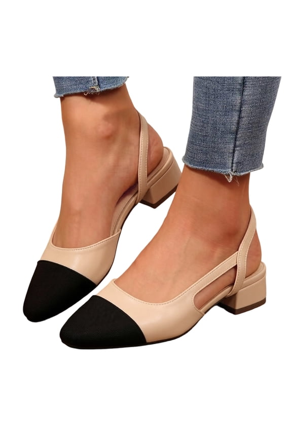 Womens Slingback Heels Low Chunky Pumps Sandals Colour Block Buckle Lightweight Business Work Heeled Dress Shoes Beige Size 7