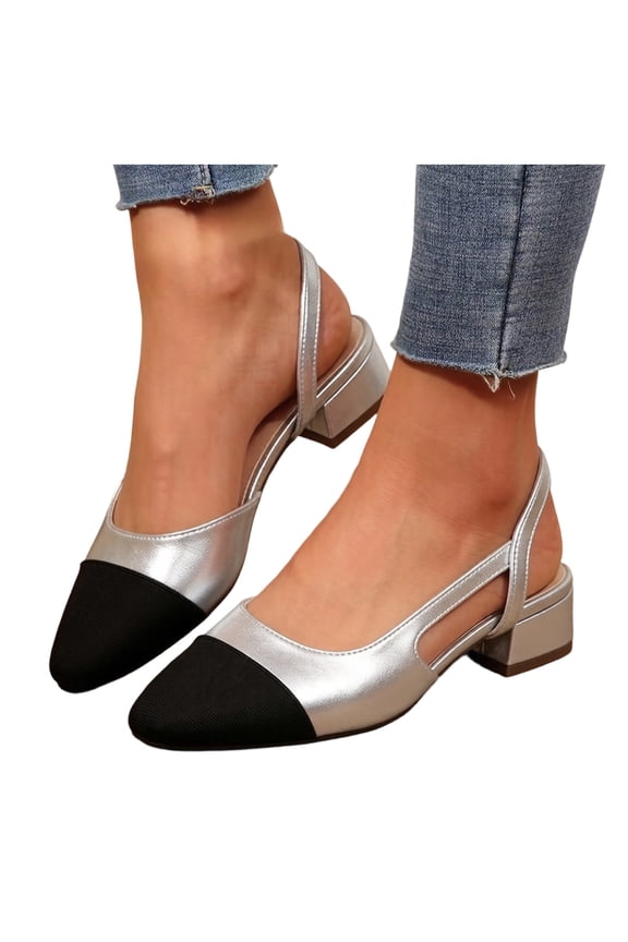 Womens Slingback Heels Low Chunky Pumps Sandals Colour Block Buckle Lightweight Business Work Heeled Dress Shoes Silver Size 7
