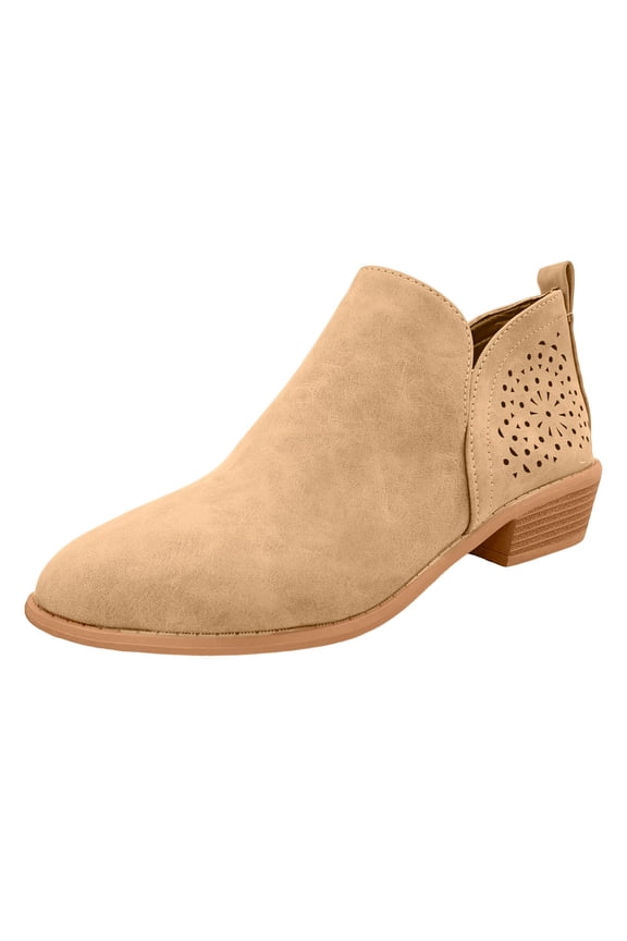 Womens Slip On Ankle Booties Hollow Out Stack Low Heeled V Cut Dress Shoes Fashion Pointed Toe Short Booties Brown Size 6