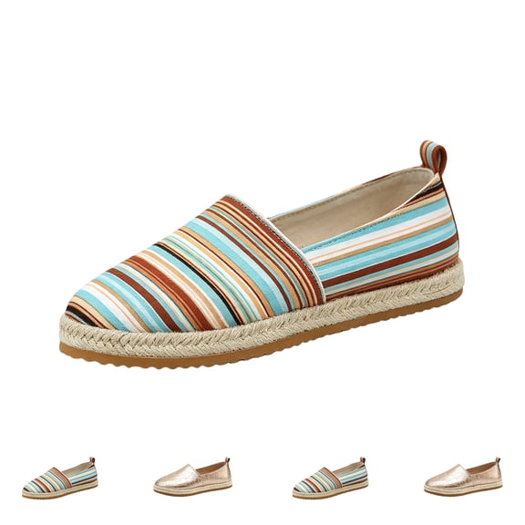 Womens Slip On Canvas Espadrilles Multi Stripe Pattern Round Toe Woven Jute Casual Flat Shoes