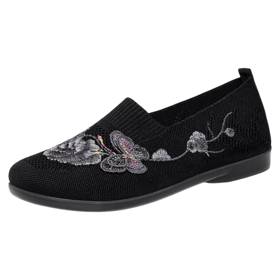 Womens Slip‑On Fly‑Knit Shoes Casual Hollow‑Out Butterfly Floral Embroidered Flat Walking Shoes Non‑Slip Soft Sole Daily Comfort Loafers Cute Flying Woven Loafers Lightweight Mesh Shoes