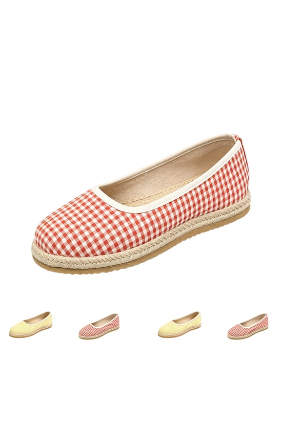 Womens Slip On Gingham Espadrille Flats Plaid Canvas Upper Rope Woven Sole Fashion Casual Walking Shoes