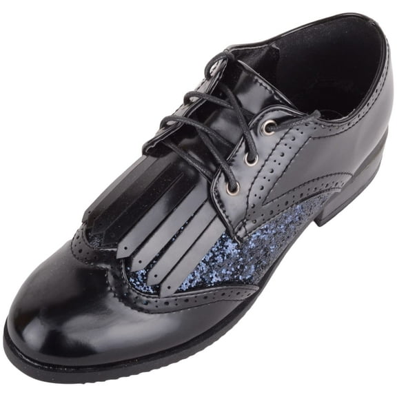 Womens Slip On Lace Up Faux Leather Glitter Sparkle Formal Casual Brogue Shoes - Black - US 10