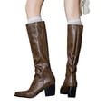 thumbnail image 1 of Womens Slip On Leather Knee High Boots Wide Calf Pointed Toe Chunky Heel Slouchy Knee Length Tall Riding Boots Brown Size 6, 1 of 5