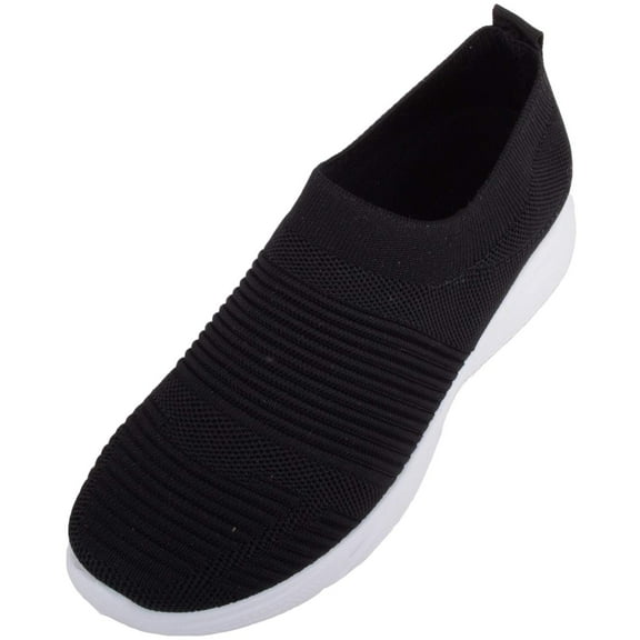Womens Slip On Lighweight Knitted Style Casual Trainers Pumps Shoes with Constrating Sole - Black - US 6