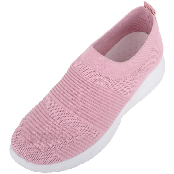 Womens Slip On Lighweight Knitted Style Casual Trainers Pumps Shoes with Constrating Sole - Blush - US 8