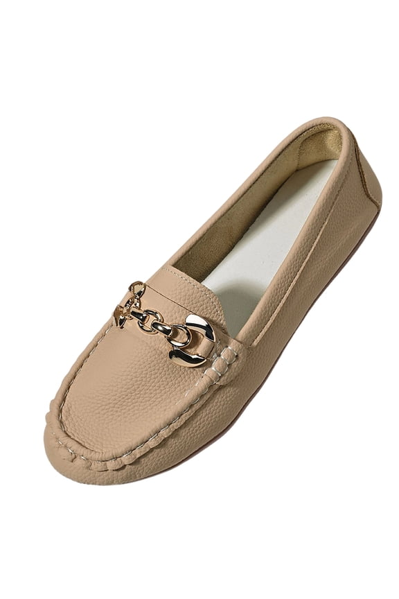 Womens Slip On Loafers Comfort Flat Shoes with Gold Chain, Faux Faux Leather Moccasin Style Casual Loafers in Khaki,Size 8.5