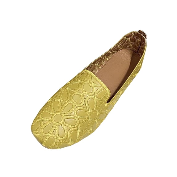 Womens Slip On Loafers Square Toe Floral Embossed Comfortable Casual Work Flats Faux Faux Leather Mustard Yellow,Size 8.5