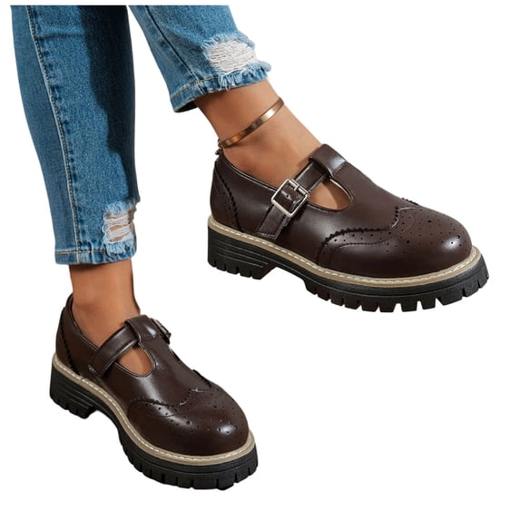 Womens Slip On Loafers T-Strap Closed Round Toe Flats Comfortable Work Business Dress Shoes Spring Summer Thick Soled Mary Shoes