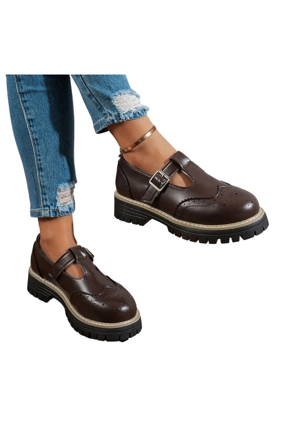 Womens Slip On Loafers T-Strap Closed Round Toe Flats Comfortable Work Business Dress Shoes Spring Summer Thick Soled Mary Shoes