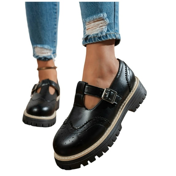 Womens Slip On Loafers T-Strap Closed Round Toe Flats Comfortable Work Business Dress Shoes Spring Summer Thick Soled Mary Shoes