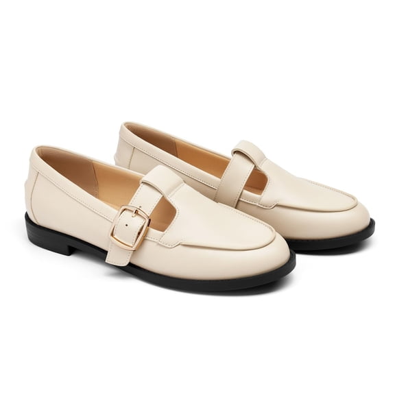 Womens Slip On Loafers T-Strap Closed Round Toe Flats Comfortable Work Business Dress Shoes