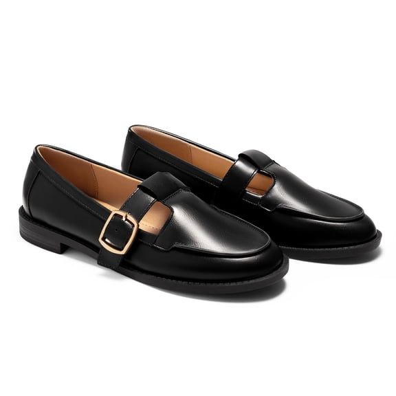 Womens Slip On Loafers T-Strap Closed Round Toe Flats Comfortable Work Business Dress Shoes