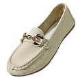 thumbnail image 1 of Womens Slip-On Loafers with Gold Chain Detail, Comfort Flat Casual Shoes, Faux Faux Leather Moccasin Style in Beige,Size 5.5, 1 of 9