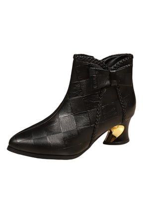 Womens Slip On Mid Heel Dress Ankle Boots Fashion Plaid Embossed Leather Bow Mid Calf Fall Booties