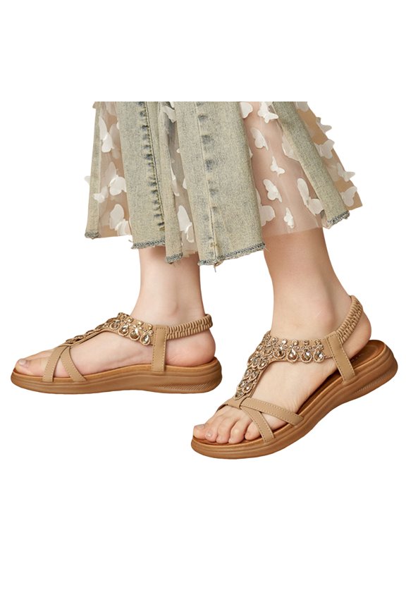 Womens Slip On Platform Wedge Sandals Lightweight Rhinestone Summer Beach Sandal Comfortable Ankle Strap Dress Shoes Brown Size 7.5