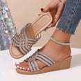 thumbnail image 1 of Womens Slip On Sandals Backless Low Wedge Open Toe Mules Summer Fashion Beach Slides Gold 6, 1 of 5