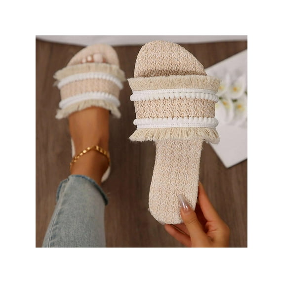 Womens Slip-On Sandals with Tassel & Straw Fabric Perfect Summer Footwear