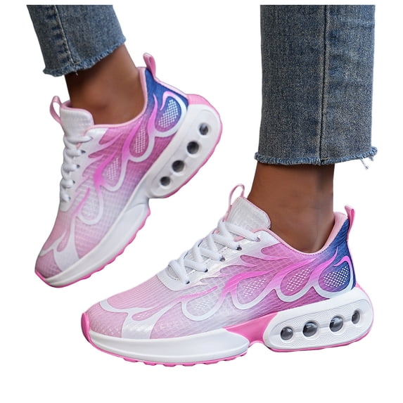 Womens Slip On Sneakers Air Cushion Lace Up Running Shoes Lightweight Tennis Shoes Breathable Gym Work Athletic Footwear Pink Size 10.5