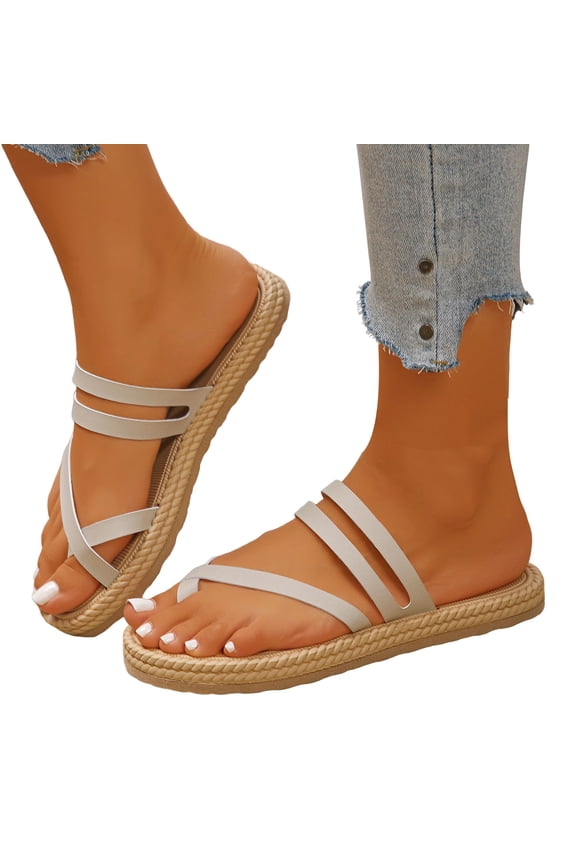 Womens Slip On Strappy Flat Sandals Open Toe Fashion Flip Flops Beach Sandal Backless Non Slip Slide Shoes Beige Size 9