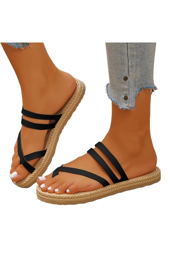 Womens Slip On Strappy Flat Sandals Open Toe Fashion Flip Flops Beach Sandal Backless Non Slip Slide Shoes Black Size 9