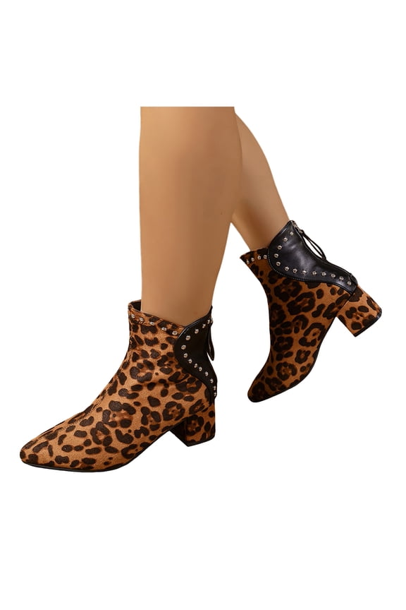 Womens Slip On Suede Ankle Boots Fashion Leopard Print Pointed Toe Chunky Stacked Heel Chelsea Booties