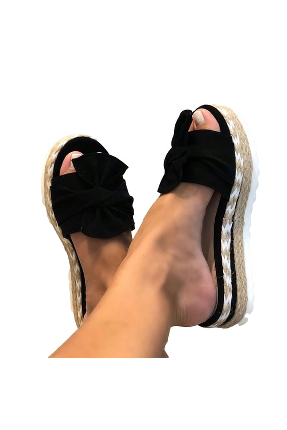 Womens Slip On Thick Sole Sandals Bow Tie Open Toe Slides Shoes Round Toe Casual Slippers for Summer Beach Daily Outdoor Walking Party Wear