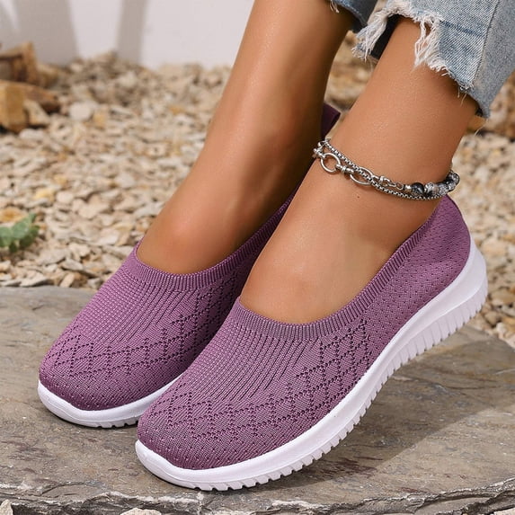 Womens Slip On Walking Shoes Laceless Knit Mesh Sneakers Lightweight Breathable Non Slip Cushioned Running Shoes, 38