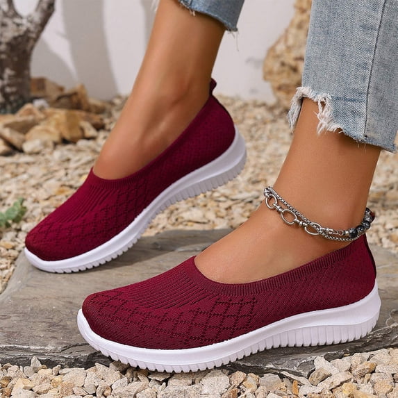 Womens Slip On Walking Shoes Laceless Knit Mesh Sneakers Lightweight Breathable Non Slip Cushioned Running Shoes, 43