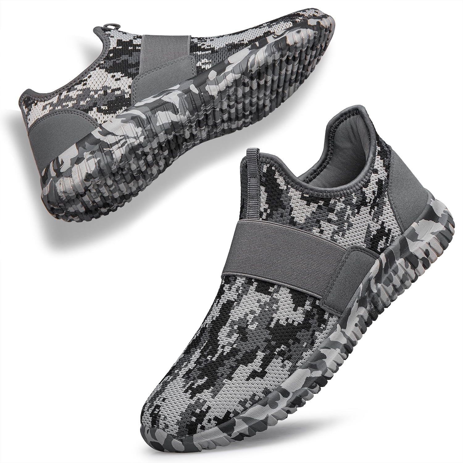Women's Slip-On Walking Shoes Gym Sneakers, Non-Slip Running Shoes, Camo Grey, Size 7