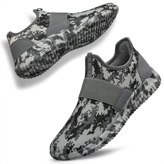 Womens Slip On Walking Shoes Non Slip Running Shoes Breathable Workout Shoes Lightweight Gym Sneakers Camo Grey