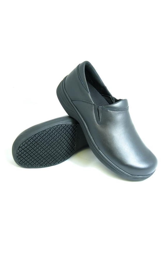 Womens Slip-Resistant Slip-On Work Shoes, Black Leather - Size 10 Wide