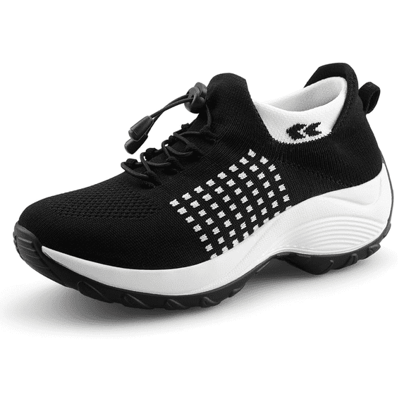 Womens Slip on Shoes Orthopedic Comfort Breathable Walking Casual Shoes for Women with Arch Support, Ladies Bungee Thick Bottom Athletic Sneakers, Black White