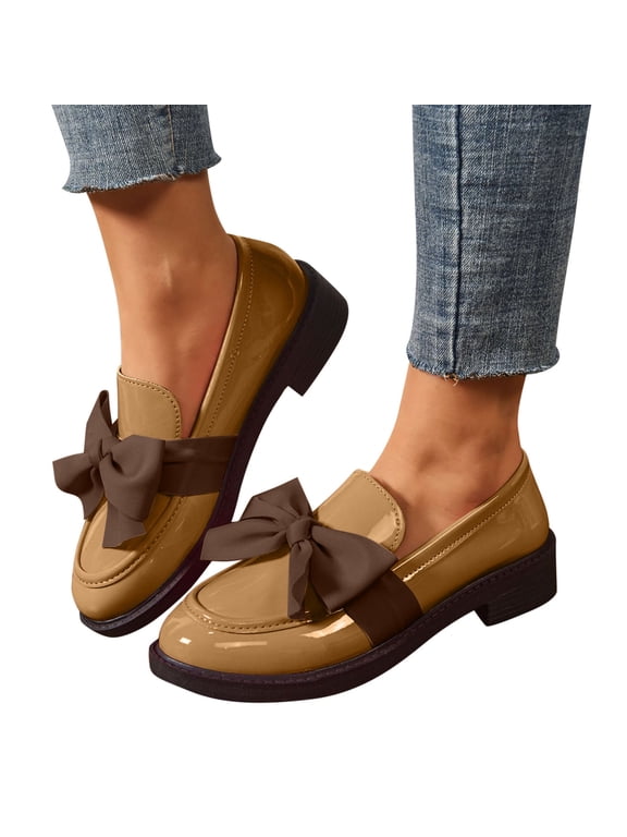 Womens Slip On Walking Shoes, Patent Leather Shoes for Women, Flats Shoes Women, Ladies Patent Leather Loafers With Bow, Slip-On Flat Shoes, Casual Comfort Footwear, Khaki 6