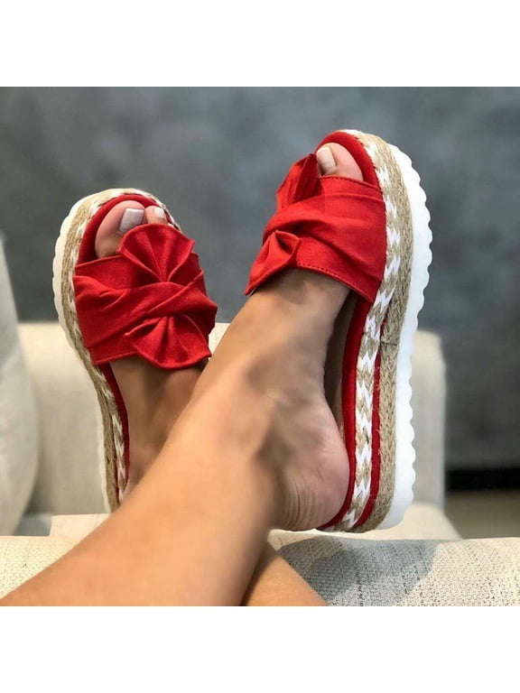 Womens Slip on Wedge Sandals Slides Platform Open Toe Summer Mules Shoes Thick Cushion Slippers Sandals for Women Dressy Summer Women's Low Wedge, Platform Sandals with Bow Details