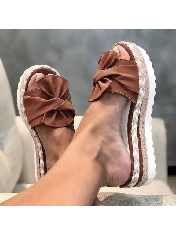 Womens Slip on Wedge Sandals Slides Platform Open Toe Summer Mules Shoes Thick Cushion Slippers Sandals for Women Dressy Summer Women's Low Wedge, Platform Sandals with Bow Details