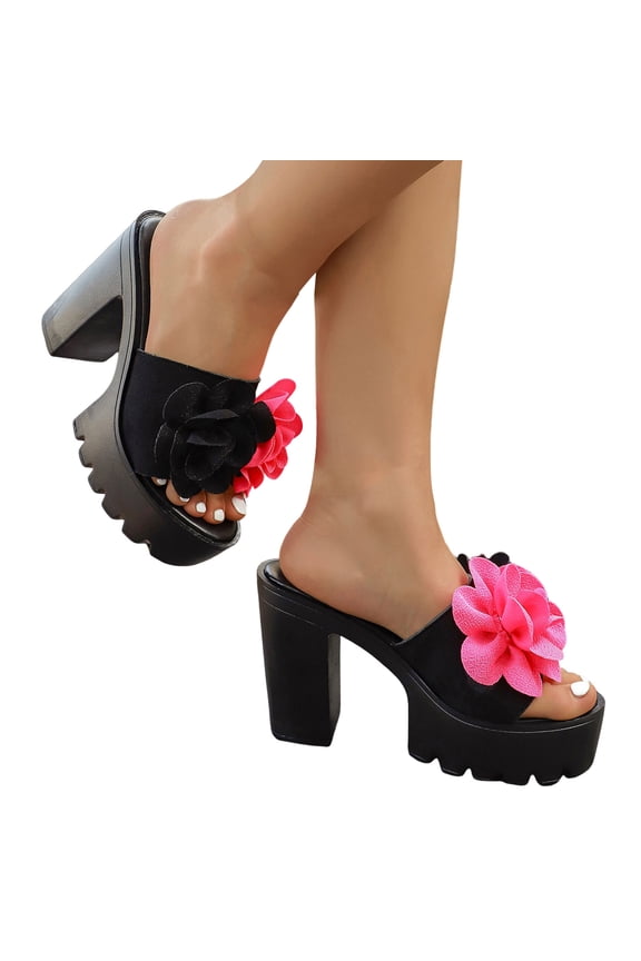Womens Slip on Platform Heels Color Block Flower Open Toe Sandals Chunky Lug Sole Summer Elegant Dress Shoes Red Size 7