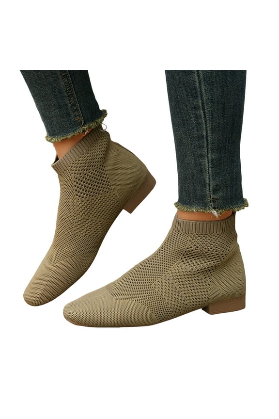 Womens Slip on Socks Short Boots Stretchy Knitted Square Toe Low Heel Ankle Booties Winter Fall Shoes
