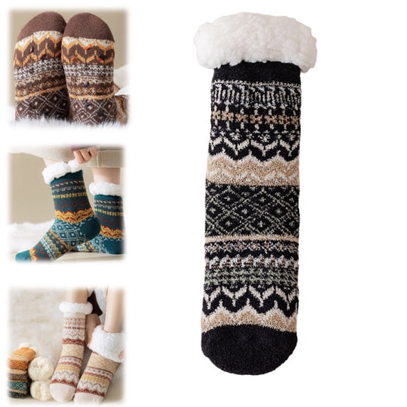 Womens Slipper Fuzzy Socks Fluffy Winter Warm Thick Thermal Cozy Plush Cabin Soft Fleece Non Slip Socks (Black)