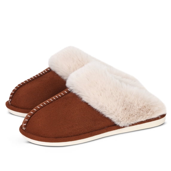 Womens Slipper Memory Foam Fluffy Soft Warm Slip On House Slippers,Anti-Skid Cozy Plush for Indoor Outdoor(Brown)