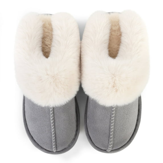 Womens Slipper Memory Foam Fluffy Soft Warm Slip On House Slippers,Anti-Skid Cozy Plush for Indoor Outdoor(Grey)