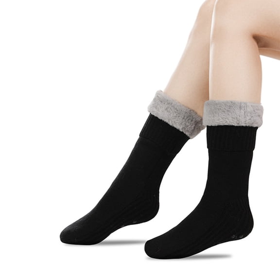 Womens Slipper Socks Winter Warm Fleece Lined Socks Cozy Soft Thick Fuzzy Non Slip Indoor Christmas Socks Black