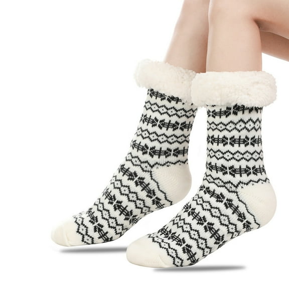 Womens Slipper Socks Winter Warm Fleece Lined Socks Cozy Soft Thick Fuzzy Non Slip Indoor Christmas Socks White