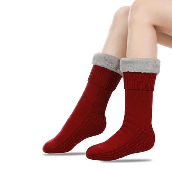 Womens Slipper Socks Winter Warm Fleece Lined Socks Cozy Soft Thick Fuzzy Non Slip Indoor Christmas Socks Wine