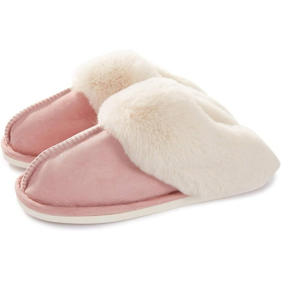 Womens Slipper with Memory Foam Fluffy Soft Warm Slip On House Slippers Anti-Skid Cozy Plush for Indoor Outdoor-Medium Pink