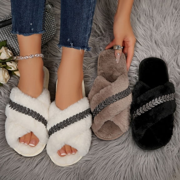 Womens Slippers Flat Heel Open Toe Slides Outdoor Indoor Warm Plush Casual Bedroom Shoes for Women Khaki 6.5
