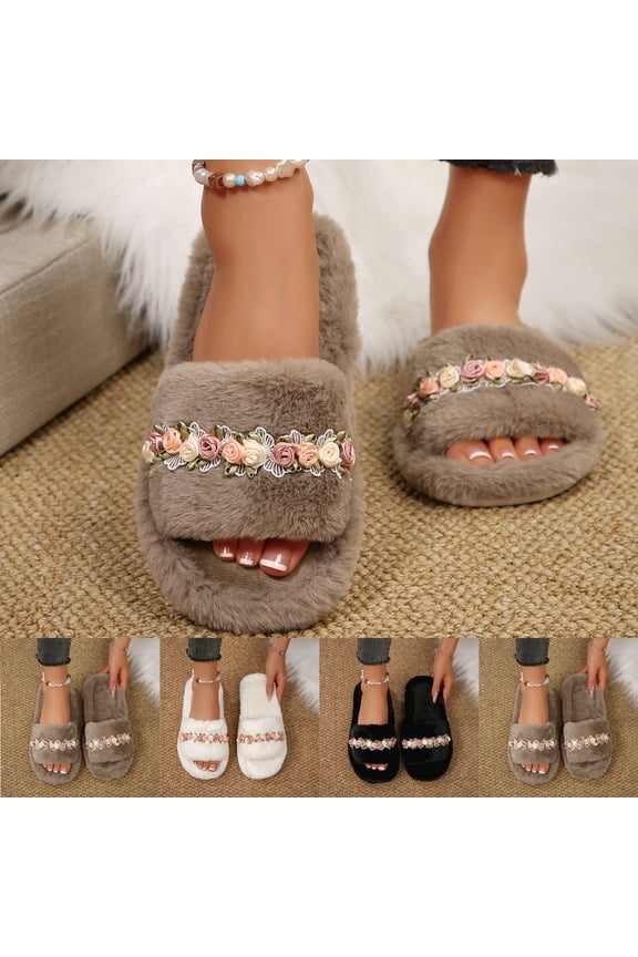 Womens Slippers Flat Heel Open Toe Slip-on House Warm Shoes Winter Casual Indoor Outdoor Home Warm Woolen Flats Slides for Couples Black 6.5